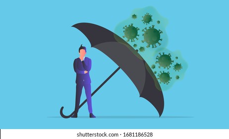 A virus-protected businessman is hidden under an umbrella. Virus attack on business. Vector illustration