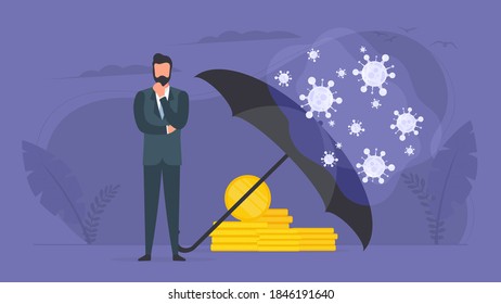 A virus-protected businessman is hidden under an umbrella. Virus attack on business. Vector illustration