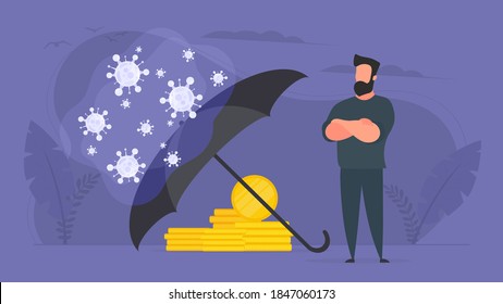 A virus-protected businessman is hidden under an umbrella. Virus attack on business. Vector illustration