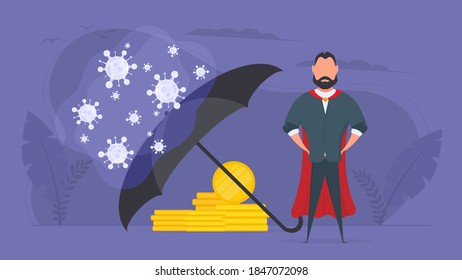 A virus-protected businessman is hidden under an umbrella. Virus attack on business. Vector illustration