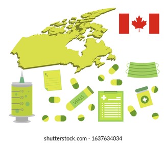 Virus-themed vector work in Canada. Along with medicines and healthcare icons. Corona Virus outbreak.