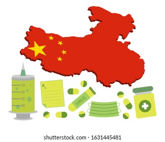 Virus-themed vector work in China. Along with medicines and healthcare icons. Corona Virus outbreak.