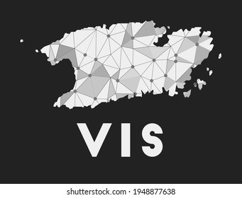 Vis - communication network map of island. Vis trendy geometric design on dark background. Technology, internet, network, telecommunication concept. Vector illustration.