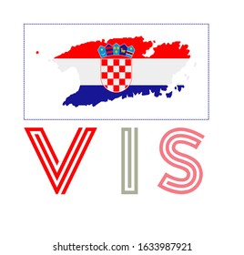 Vis logo with island map and Croatian flag. Vector illustration for tourism and branding.