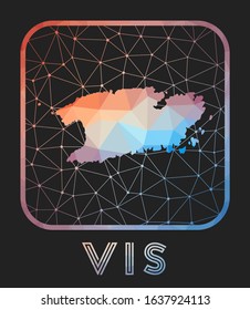 Vis map design. Vector low poly map of the island. Vis icon in geometric style. The island shape with polygonal gradient and mesh on dark background.