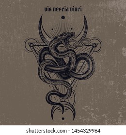 "Vis nescia vinci" - (A power that knows not defeat) quote poster. Vector illustration of snake in engraving technique with sacred geometry on grunge background. Occult poster, t-shirt print, cover.