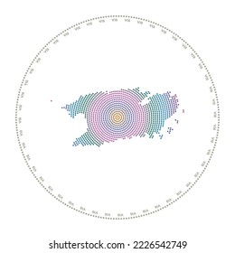 Vis round logo. Digital style shape of Vis in dotted circle with island name. Tech icon of the island with graduated dots. Radiant vector illustration.