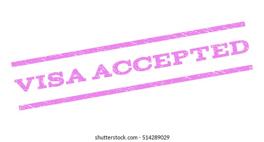 Visa Accepted watermark stamp. Text caption between parallel lines with grunge design style. Rubber seal stamp with dirty texture. Vector violet color ink imprint on a white background.