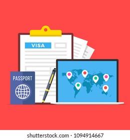 Visa application. Clipboard with visa application form, passport, pen and laptop with map of the world and map markers. World travel, tourism, holidays concepts. Flat design. Vector illustration