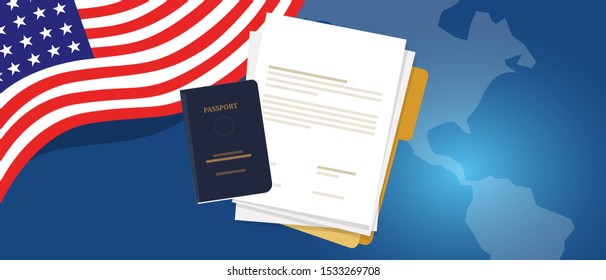 Visa Application Document Or Work Student Permit For US United States Of America. Passport And Paper Symbol Of Immigration Reform