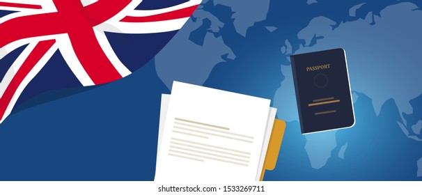 Visa Application Document Or Work Student Permit For UK United Kingdom England. Passport And Paper Symbol Of Immigration Reform