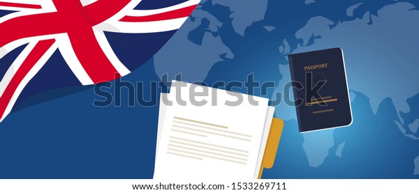 Visa application document or work student permit\
for UK United Kingdom England. Passport and paper symbol of\
immigration reform