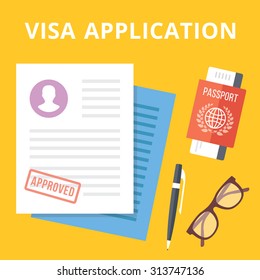 Visa application flat illustration concept. Top view. Modern flat design concepts for web banners, web sites, printed materials, infographics. Yellow background. Creative vector illustration