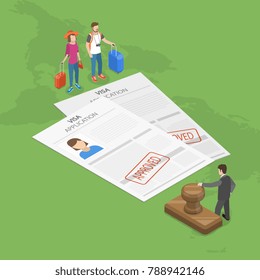 Visa application flat isometric vector concept. Young couple with trunks for traveling are staying in front of the embassy official, with two approved paper visa applications, between them.