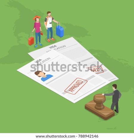 Visa application flat isometric vector concept. Young couple with trunks for traveling are staying in front of the embassy official, with two approved paper visa applications, between them.
