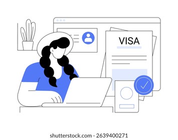 Visa application isolated cartoon vector illustrations. Woman applying for a visa online at home using laptop, travelling preparation, permission to enter the country vector cartoon.