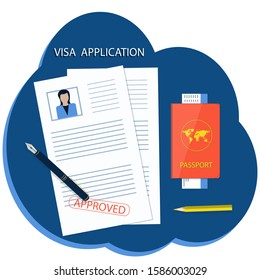 Visa application - letterhead, passport, ticket - abstract icon - isolated on white background - vector. Tourist documentation. Travel Approval.