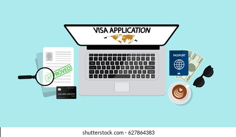 Visa Application On Computer Screen.Vector. Visa Approved. Laptop, Visa Blank, Coffee Cup, Sunglasses,passport,credit Card.Top View. Sings On The Table Ready To Be Packed. Travel Concept. Flat Style.