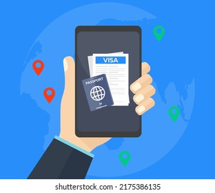 Visa application on smartphone screen logo design. Clipboard with visa application form, passport, pin map, pen and laptop. World travel, tourism, holidays concepts vector design and illustration.