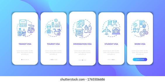 Visa application onboarding mobile app page screen with concepts. Identification paper. Legal document walkthrough 5 steps graphic instructions. UI vector template with RGB color illustrations