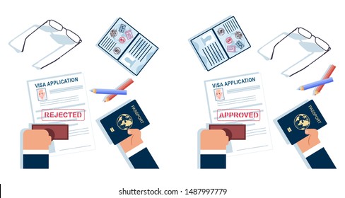 Visa application rejected and approved stamp. Passport in hand vector cartoon top view illustration isolated on a white background.