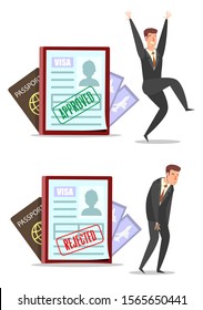 Visa applications with approved and rejected stamps, happy and sad businessmen cartoon characters, vector flat style design illustration.