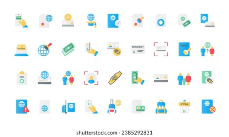 Visa approval and registration flat icons set vector illustration. Symbols of legal documents for immigration or travel to a foreign country, work permit license and grants for students.