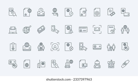 Visa approval and registration thin line icons set vector illustration. Outline symbols of legal documents for immigration or travel to foreign country, work permit license and grants for student