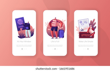 Visa Approval and Traveling Mobile App Page Onboard Screen Set. Tourists with Luggage and Passport Leaving Country for Trip Abroad Concept for Website or Web Page. Cartoon Flat Vector Illustration