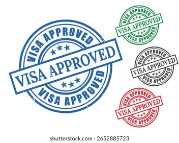 Visa Aprovado Grunge Rubber Stamp Collection, Conjunto de Vetores de Aprovação de Viagem