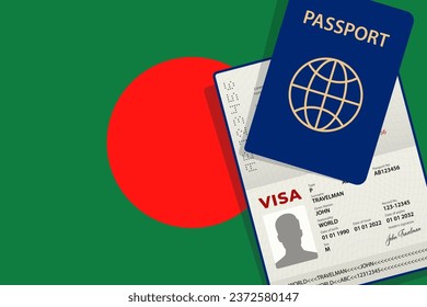 Visa to Bangladesh and Passport. Bangladesh Flag Background. Vector