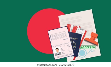 Visa para Bangladesh e Passaporte. Bangladesh Flag Background (em inglês). Vetor