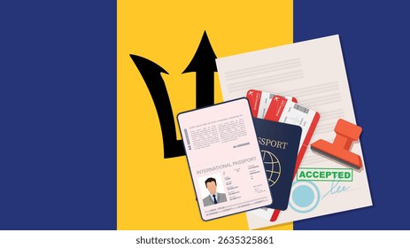 Visa to Barbados and Passport. Barbadian Flag Background. Vector