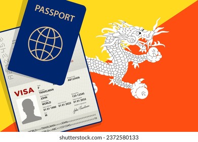 Visa to Bhutan and Passport. Bhutanese Flag Background. Vector