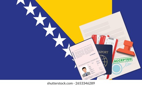 Visto para a Bósnia e Herzegovina e Passaporte. História da Bandeira da Bósnia e Herzegovina. Vetor