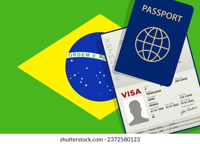 Visa to Brazil and Passport. Brazilian Flag Background. Vector