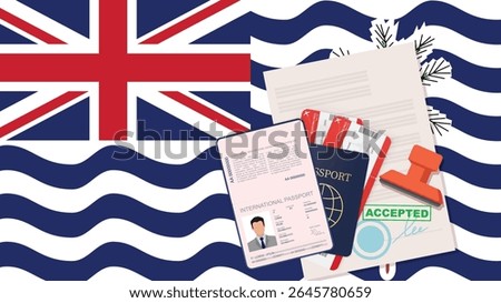 Visa to British Indian Ocean Territory and Passport. British Indian Ocean Territory Flag Background. Vector