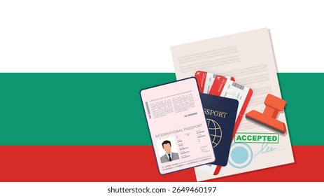 Visto para a Bulgária e passaporte. Histórico da bandeira búlgara. Vetor