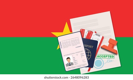 Visto para Burkina Faso e Passaporte. História da Bandeira de Burkina Faso. Vetor