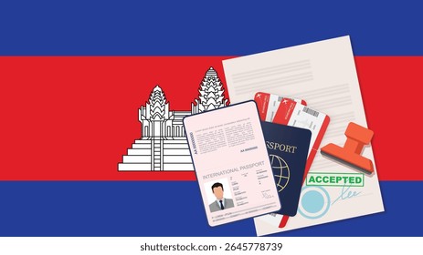 Visto para o Camboja e Passaporte. Bandeira do Camboja. Vetor