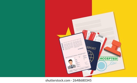 Visto para Camarões e Passaporte para Camarões. Fundo da bandeira de Camarões. Vetor
