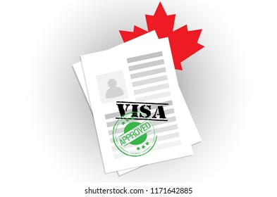 Visa to Canada approved green stamp. Red maple leaf Canadian symbol documentation with photo id and text application. immigration or tourism to Canada 