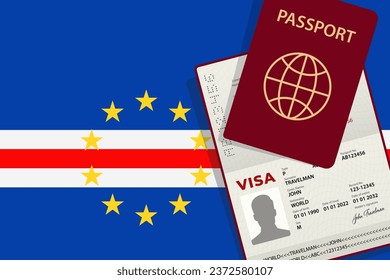 Visa to Cape Verde and Passport. Capoverdean Flag Background. Vector