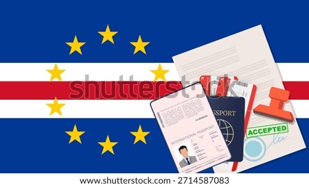 Visa to Cape Verde and Passport. Capoverdean Flag Background. Vector