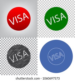 Visa card sign illustration. Vector. 4 styles. Red gradient in radial lighted background, green flat and gray scribble icons on transparent and linear one in blue circle.
