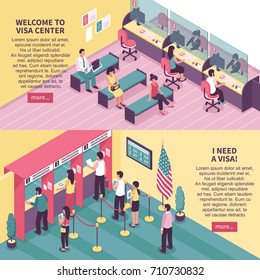 Visa center horizontal banners set with interview symbols isometric isolated vector illustration 