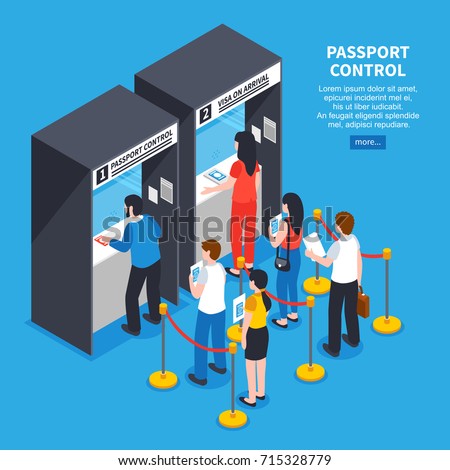 Visa center interior with applicants queue and documents isometric vector illustration