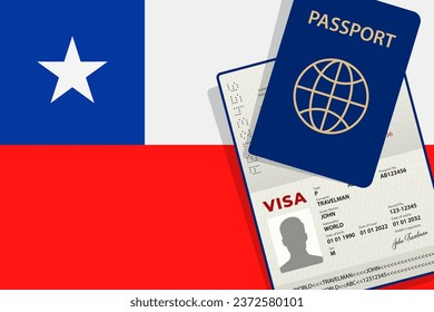 Visa to Chile and Passport. Chilean Flag Background. Vector