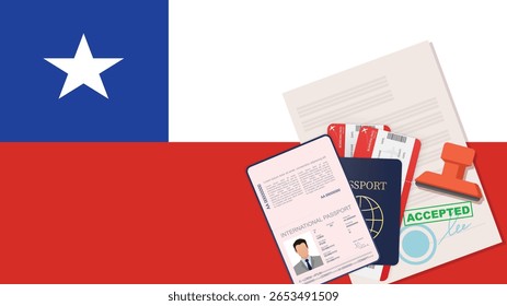 Visto para o Chile e Passaporte. Histórico da bandeira chilena. Vetor