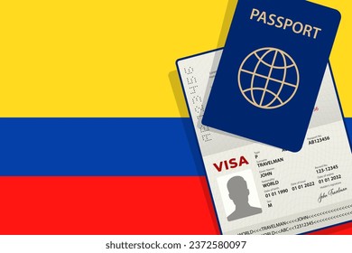 Visa to Colombia and Passport. Colombian Flag Background. Vector